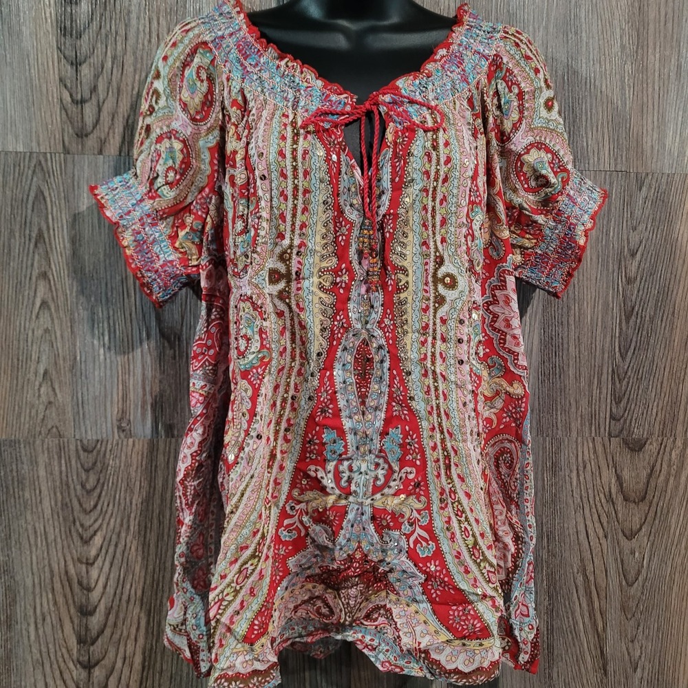 Bila Sheer Beaded Sequin Blouse XXL 2XL Red Multi Tie-Neck Smocked Boho Festival